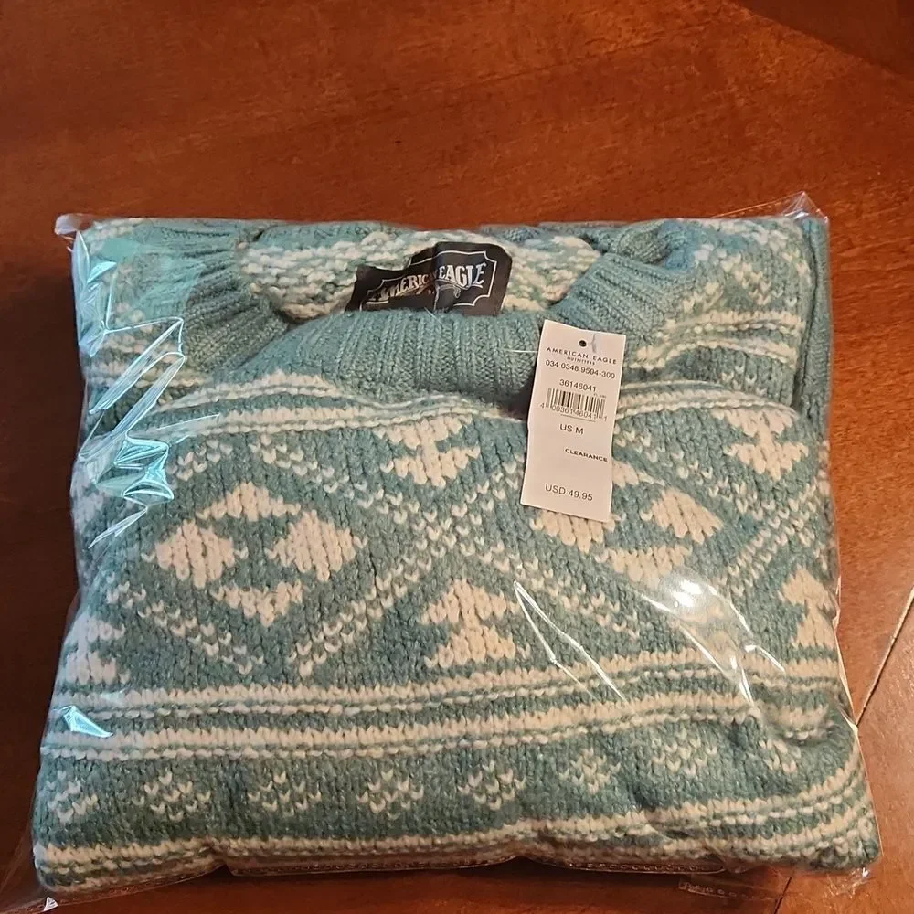 American Eagle Crew Neck Oversized Knit Sweater, Medium, Holiday Green & White